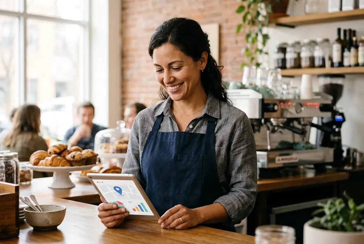 Café owner smiling at results on a tablet behind the counter