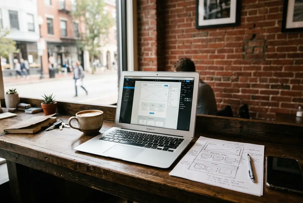 Laptop with a website editor next to a paper sketch of a homepage on a café counter