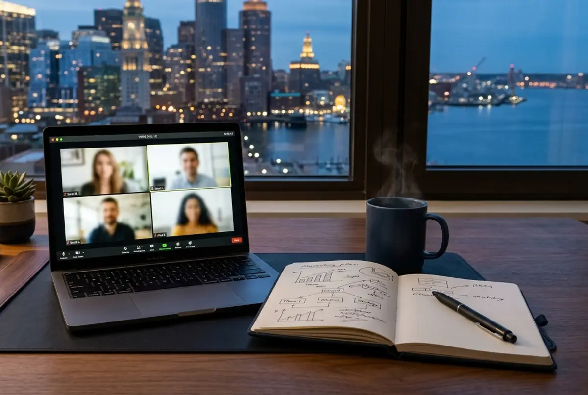 Video call on a laptop next to a notebook, Boston skyline at dusk