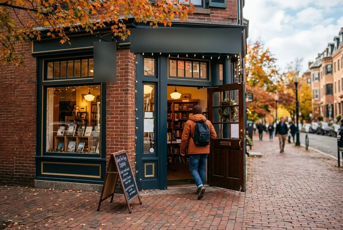 Customer walking into a small shop on a brick sidewalk in a Boston neighborhood