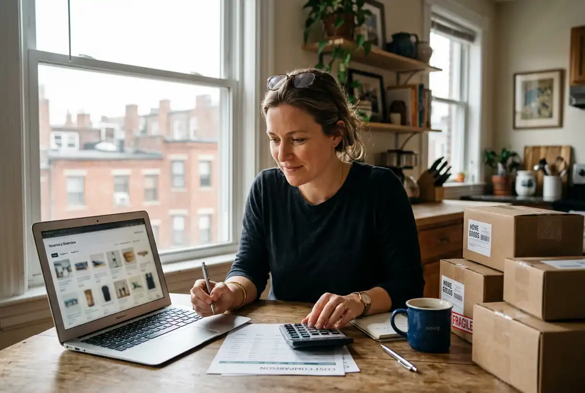Small business owner comparing online store costs at a kitchen table, with a laptop, a printed quote and a calculator