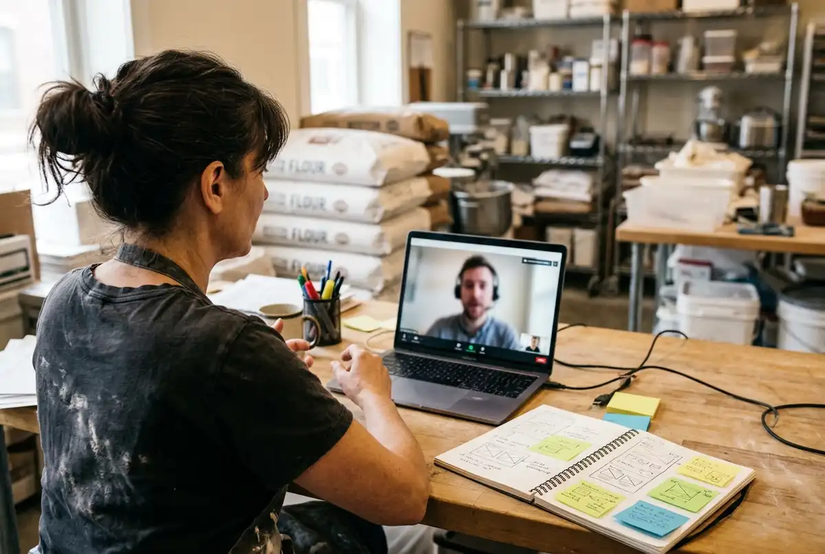 Bakery owner on a video call with a web designer, website sketches on the desk