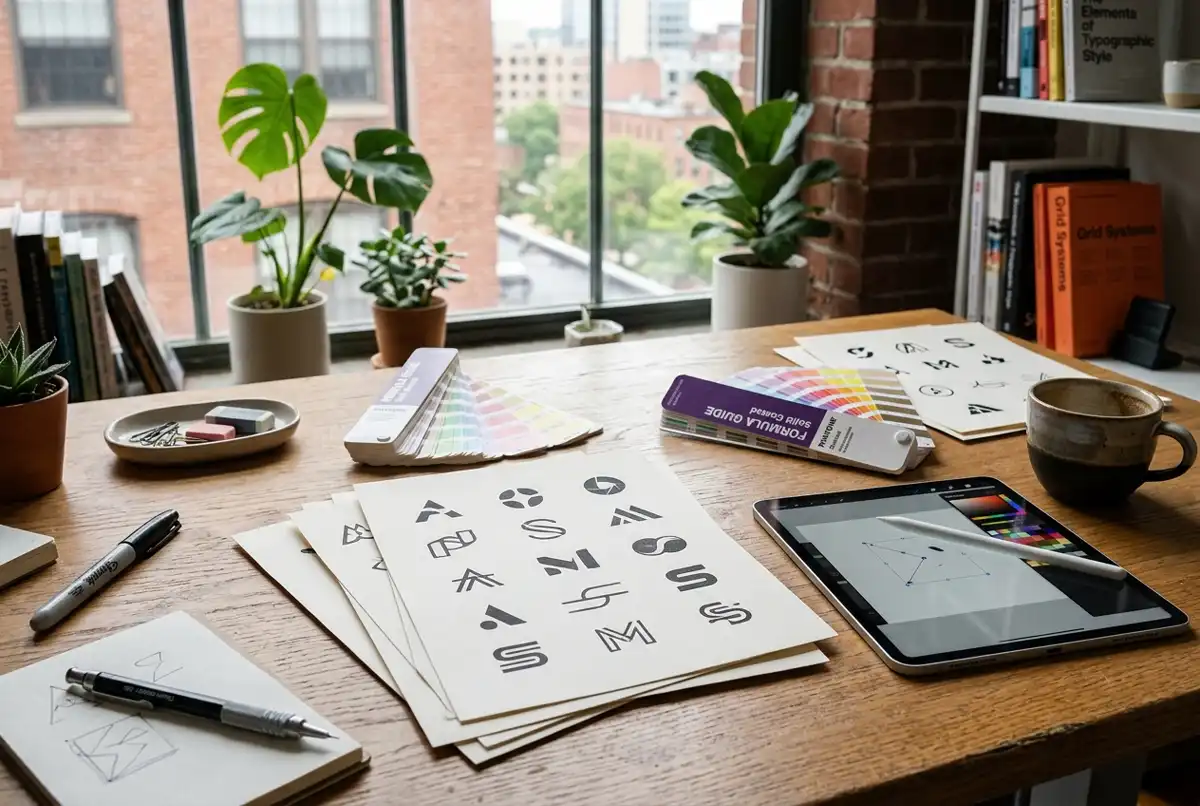 Designer desk with printed logo concepts, color swatches and a tablet in a bright studio