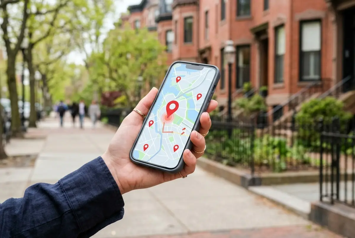 Phone showing a map with business pins on a city street
