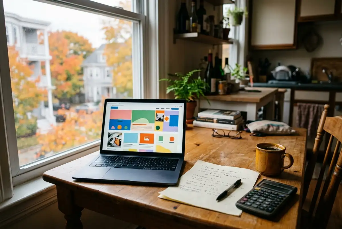 Laptop with a website layout next to a printed quote, a calculator and a coffee on a kitchen table