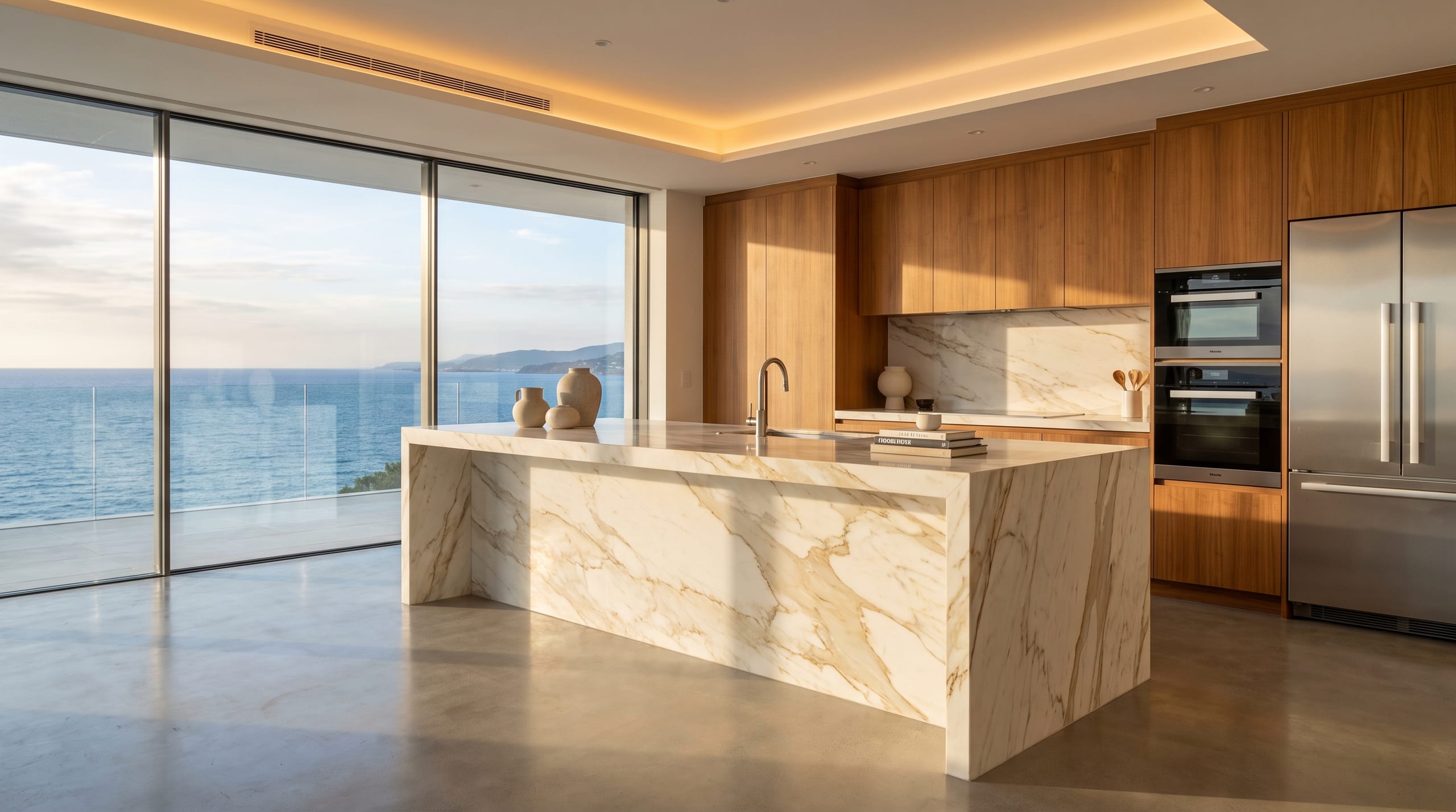 Open luxury kitchen with marble island