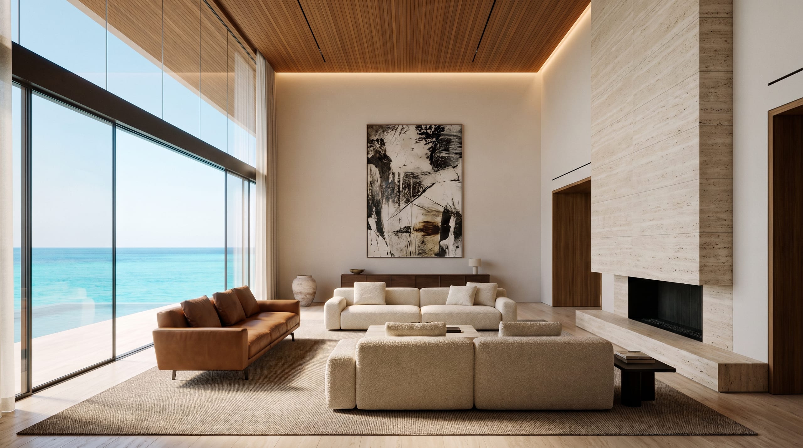 Double-height living room with ocean view
